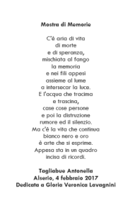 Antonella Tagliabue - poesia dedicata a Gloria Veronica Lavagnini - Serie Alluvione - Alserio 2017 (2)